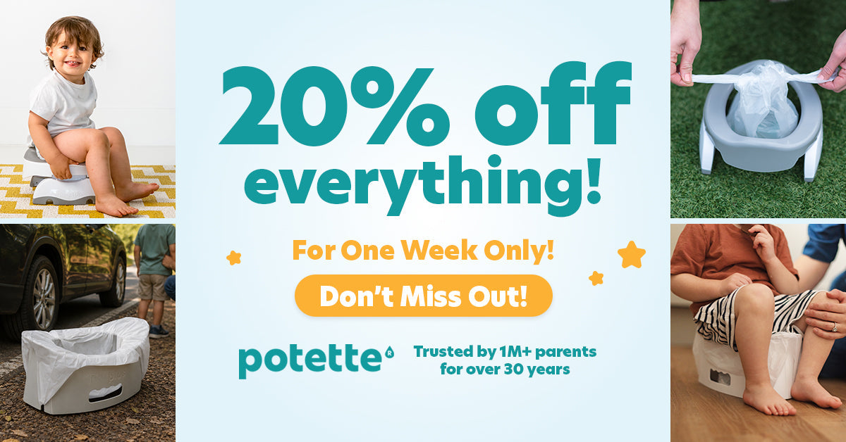 Advertisement for Potette portable potty offering 20% off all items for one week. Includes images of children using the potty and adults setting it up. Text highlights trust from over 1M parents.