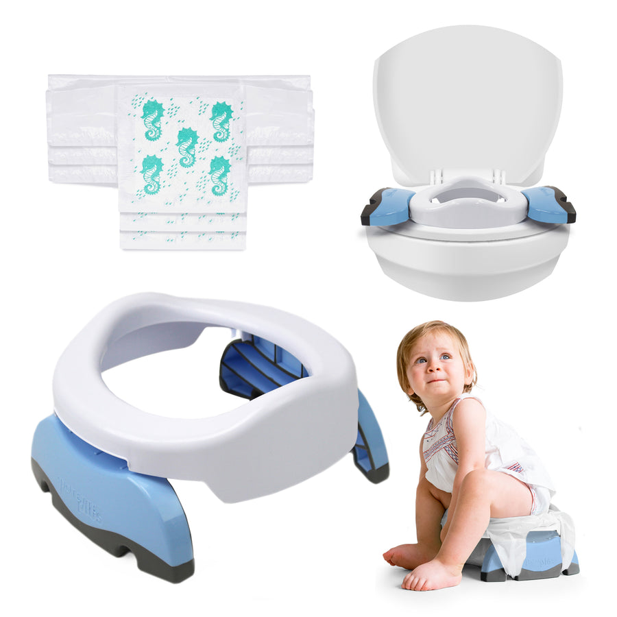Collage featuring the Potette® Plus 2-in-1 by Potette: a blue and white travel potty seat, disposable liners, the seat on a toilet, and a smiling toddler sitting on it and looking up.