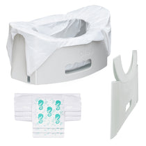The Potette® Fold 'N' Go Potty by Potette is shown disassembled with its collapsible seat, removable side panel, and three extra disposable liners—ideal for travel or on-the-go use.