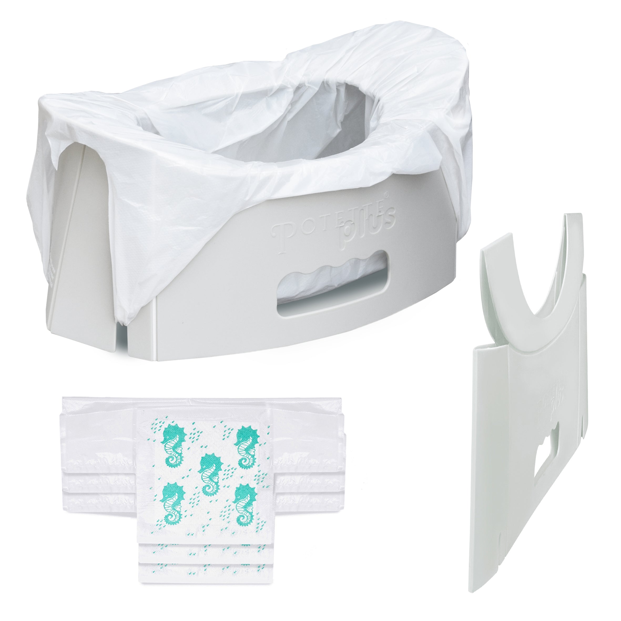 The Potette® Fold 'N' Go Potty by Potette is a portable potty with disposable liners (featuring a green seahorse design) and a foldable side piece. It also serves as a collapsible potty seat for travel convenience.