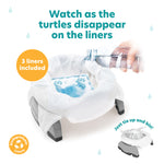 A hand pours water onto a liner inside a Potette® Value Kit potty. Text reads, “Watch the turtles disappear on 3 included biodegradable liners.” An inset shows a tied-up liner—ideal for mess-free potty-training by Potette.