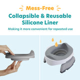 Top text reads “Mess-Free Collapsible & Reusable Silicone Liner.” Below, a hand holds a gray liner placed inside the Potette® Value Kit potty by Potette, with water droplets above to show easy cleaning for potty-training success.