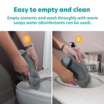 A person empties a gray Potette® Value Kit potty into a toilet and rinses it under running water. Text explains the Potette potty is easy to empty and clean with warm soapy water or disinfectant.