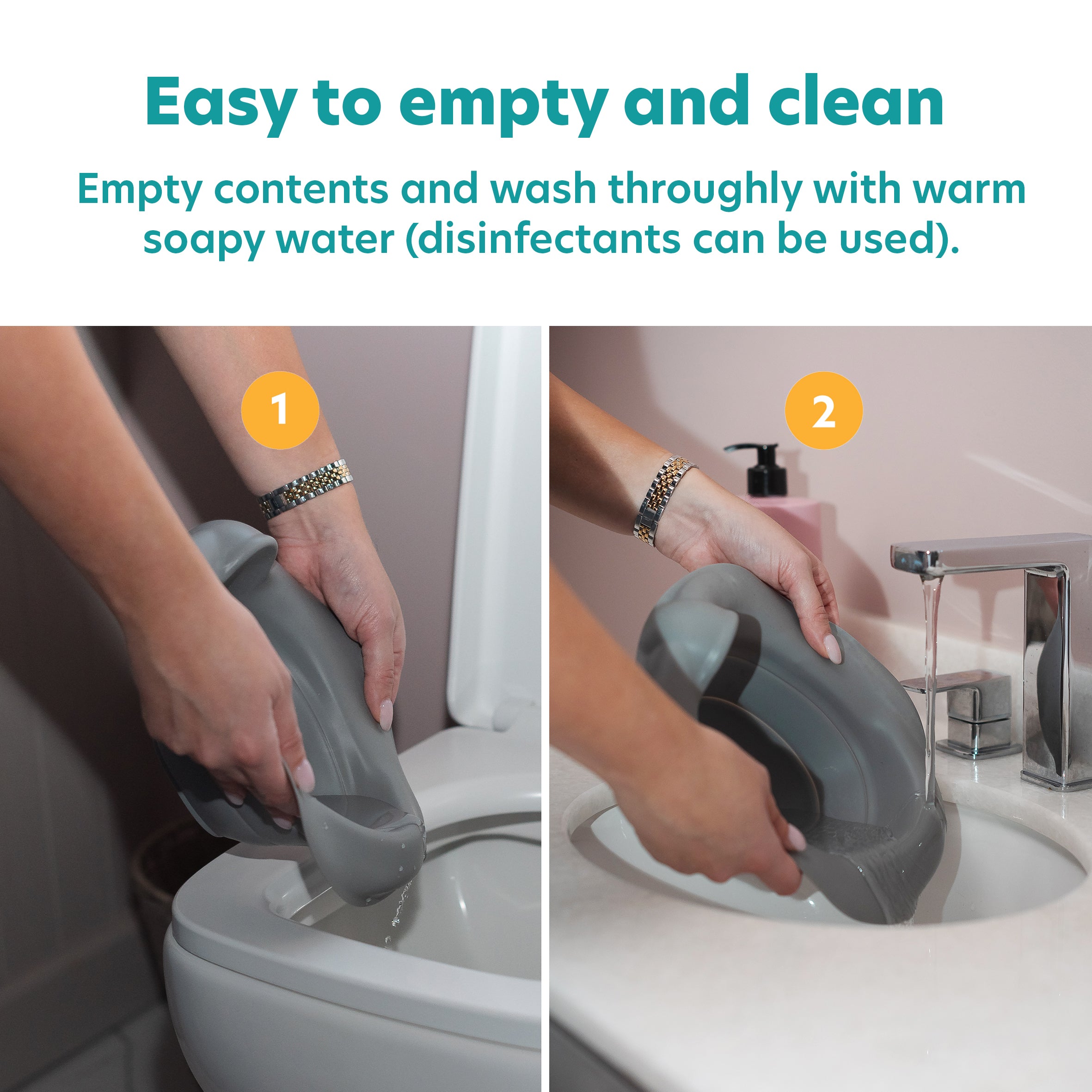 A person empties a gray Potette® Value Kit potty into a toilet and rinses it under running water. Text explains the Potette potty is easy to empty and clean with warm soapy water or disinfectant.