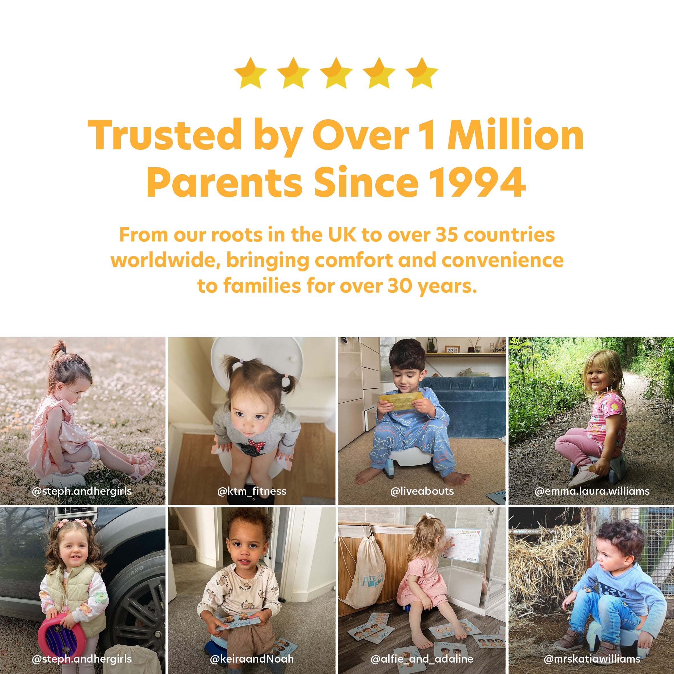 A promotional image features a five-star graphic, text reading “Trusted by Over 1 Million Parents Since 1994,” and eight photos of young children happily potty-training with the Potette® Value Kit. Instagram handles appear below each photo.
