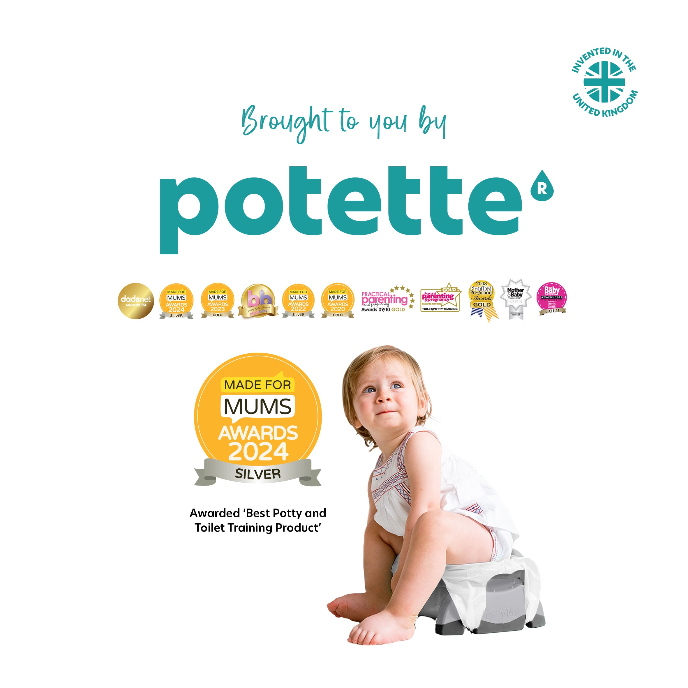 A young child sits on a gray Potette® Value Kit reusable potty. Above, Potette is in teal with awards logos, including Made for Mums Awards 2024 Silver for best potty-training product. A UK invention badge appears at the top right.
