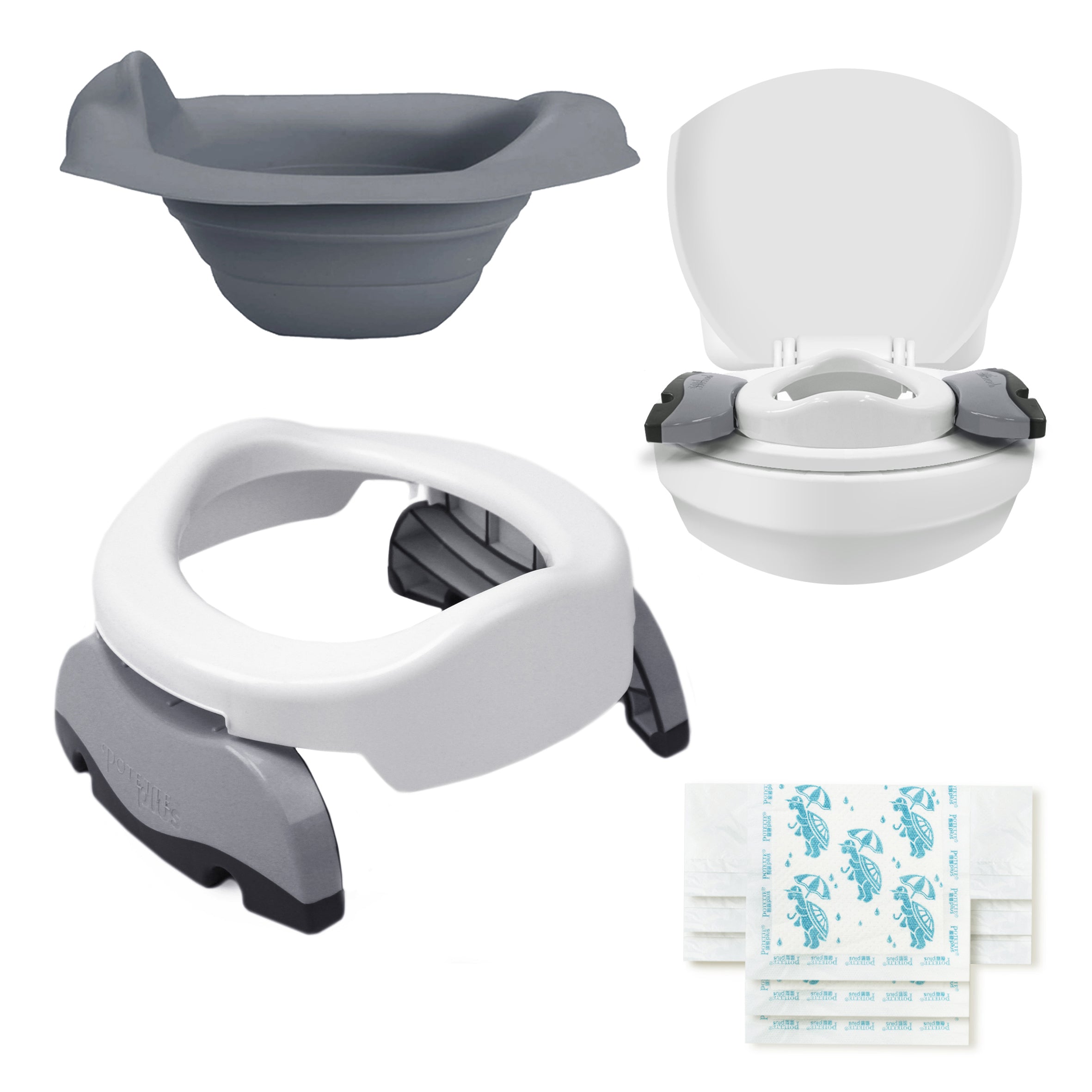 The Potette® Value Kit by Potette includes a gray collapsible travel potty, a white seat with lid, a reusable liner, and disposable blue-design liners—perfect for hassle-free potty training anywhere.