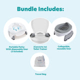 Image shows "Potette® Value Kit Includes:" at the top with four Potette items—a Plus portable potty with disposable liner, toilet trainer, collapsible reusable liner, and travel bag—each pictured and labeled for easy on-the-go potty training.