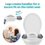 A Potette® Value Kit potty training seat by Potette with gray legs is shown on a toilet. Text reads, “Legs create handles for a secure fit.” Inset: A woman helps a child use this reusable seat.