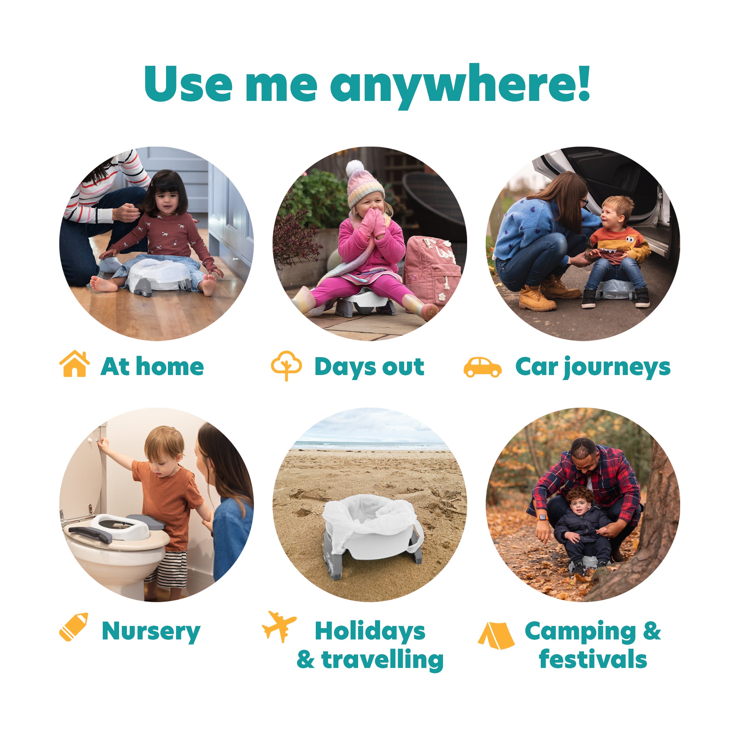 Six circular images highlight the versatile Potette® Value Kit by Potette: use it at home, on trips, in cars, nurseries, holidays, camping or festivals—perfect for easy potty training anywhere. Each image features a unique icon and description.