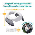 The Potette® Value Kit by Potette is a compact white and gray potty, ideal for potty-training and travel. Measuring 25.5cm wide, 13cm tall, and 7cm collapsed, it fits easily into a bag for convenient reuse on the go.
