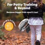 A young child walks outdoors in autumn leaves, holding a Potette® Value Kit by Potette. Text reads: For potty-training & beyond—ideal for bigger kids too! Lasts up to 4–5 years. Max weight 50 lbs (22 kg).