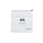 The Potette Replacement Plastic Carry Bag is a clear plastic bag branded Potette with a blue drawstring—ideal for potty training or travel. The bag includes a website and safety warning to keep away from children.