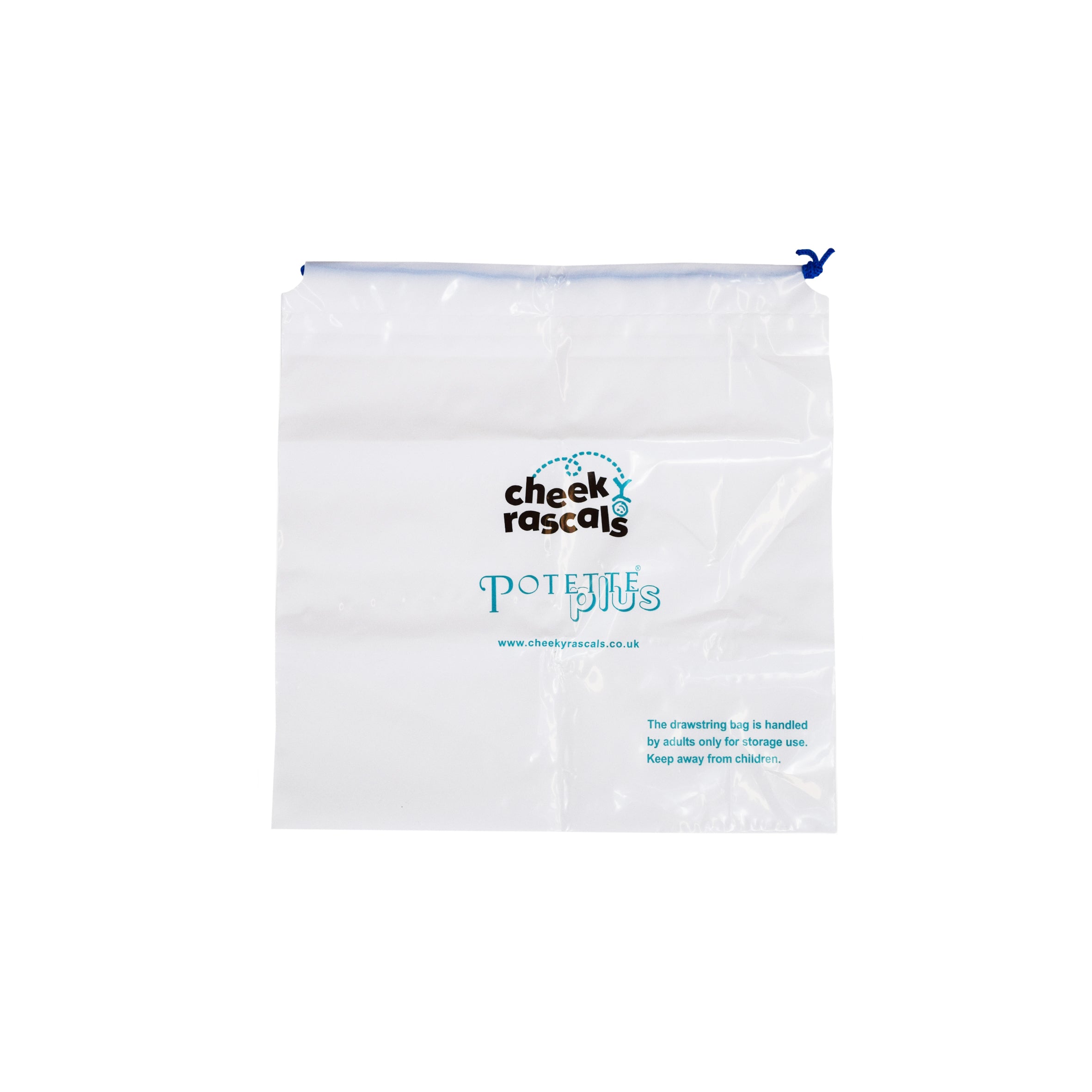 The Potette Replacement Plastic Carry Bag is a clear plastic bag branded Potette with a blue drawstring—ideal for potty training or travel. The bag includes a website and safety warning to keep away from children.