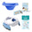 The Potette® COMPLETE Potty-Training Kit by Potette includes a blue collapsible Potette Plus travel potty, training flash cards, liners, and a white-blue handled seat—compatible with a reusable silicone liner for easy cleanup.