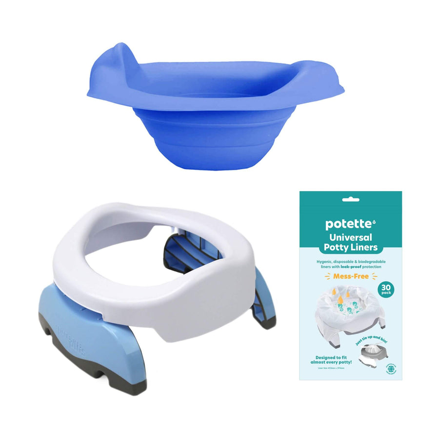 The Potette® Everyday Essentials Kit by Potette includes a collapsible blue potty bowl, a white and blue portable potty seat, and a green pack of universal reusable liners—an ideal potty training solution for families on the go.