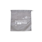 The Potette Max Replacement Travel Bag by Potette is a gray fabric drawstring bag with white text and star designs—an essential travel potty bag and ideal accessory for potty training.